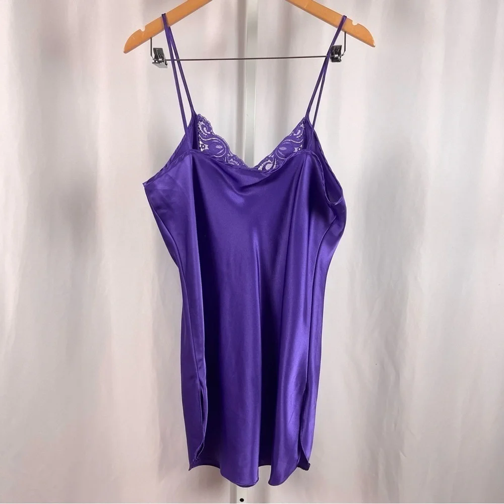 Vintage Inner Most Large Jewel Tone Lace Deep Purple Satiny Silky Slip Dress - Picture 2 of 8